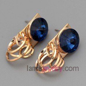 Shiny earrings with gold brass  decorated shiny deep blue crystal