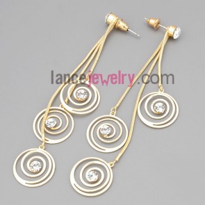 Shiny earrings with gold zinc alloy decorated rhinestone with heliciform