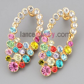 Glittering earrings with gold zinc alloy decorated colorful rhinestone 