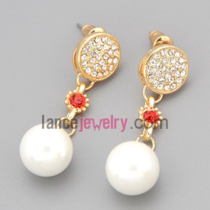 Charming earrings with gold zinc alloy decorated shiny rhinestone and red crystal and big size abs beads 