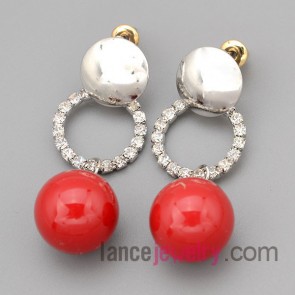 Fashion earrings with silver zinc alloy rings decorated shiny rhinestone and red beads