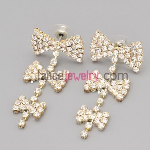 Delicate earrings with claw chain decorate many rhinestone with different size bowknot model
