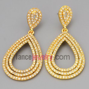 Shiny earrings with gold zinc alloy decorate shiny rhinestone with hollow drop 
