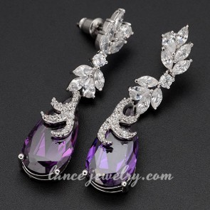 Fancy drop earrings decorated with purple pendants of cubic zirconia 