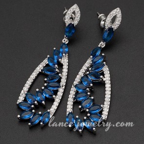 Attractive alloy earrings with blue cubic zirconia decoration