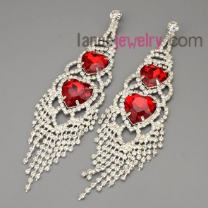 Sweet earrings with brass claw chain pendant decorated shiny rhinestone and red heart crystal beads 