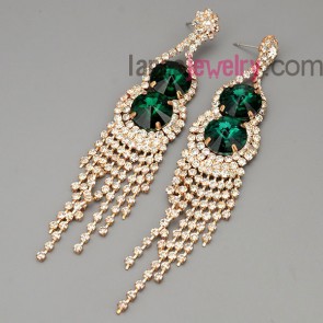 Glittering earrings with brass claw chain pendant decorated shiny rhinestone and green crystal beads 