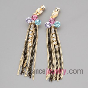 Romantic earrings with zinc alloy decorated multicolor rhinestone and chain pendant