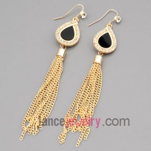 Trendy earrings with zinc alloy decorated shiny rhinestone and chain pendant 