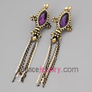 Cool earrings with zinc alloy decorated purple crystal and chain pendant 