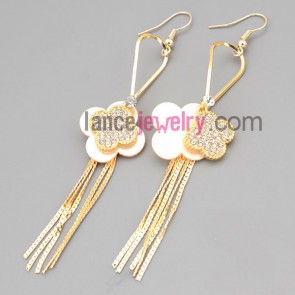 Sweet earrings with zinc alloy with small size flower decorated shiny rhinestone and chain pendant