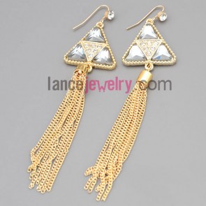 Trendy earrings with zinc alloy with triangle decorated rhinestone and crystal and chain pendant