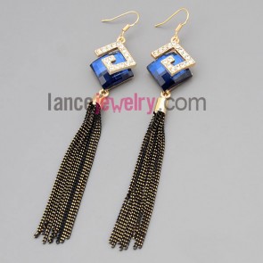 Personality earrings with zinc alloy  decorated rhinestone and blue crystal and chain pendant