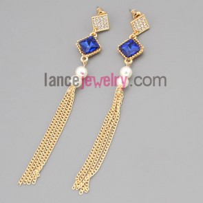 Elegant earrings with zinc alloy  decorated rhinestone and blue crystal and abs beads and chain pendant