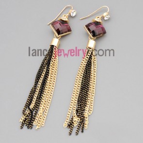 Fashion earrings with zinc alloy  decorated shiny rhinestone and purple crystal and chain pendant
