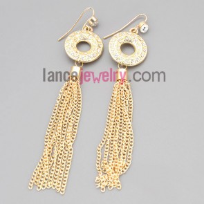 Shiny earrings with gold zinc alloy rings decorated rhinestone and chain pendant
