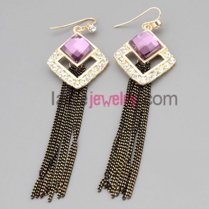 Elegant earrings with zinc alloy  decorated rhinestone and purple crystal and chain pendant