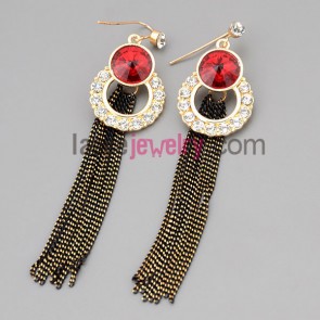 Dazzling earrings with zinc alloy  decorated red crystal and rhinestone and chain pendant