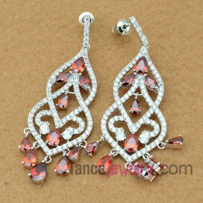 Gorgeous earrings with copper alloy  pendant decorated red cubic zirconia 