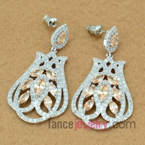 Striking earrings with copper alloy pendant decorated light orange cubic zirconia 