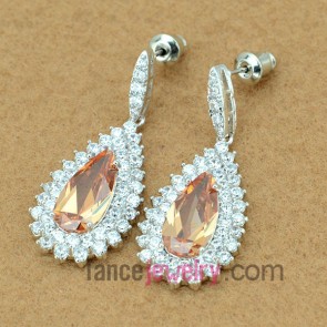 Sweet earrings with copper alloy pendant decorated red cubic zirconia with drop shape