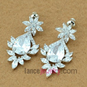 Lovely earrings with copper alloy flower pendant decorated transparent cubic zirconia with special shape