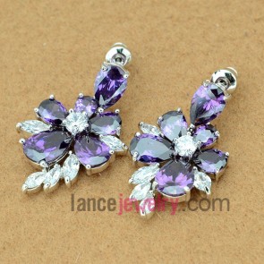 Dazzling earrings with copper alloy flower pendant decorated purple cubic zirconia 