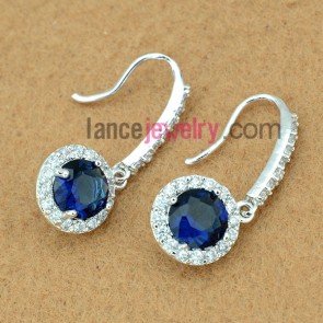Striking earrings with copper alloy pendant decorated deep blue cubic zirconia 