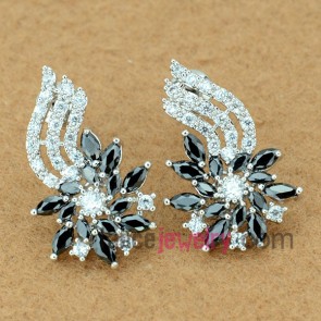 Personality earrings with copper alloy decorated  black cubic zirconia 