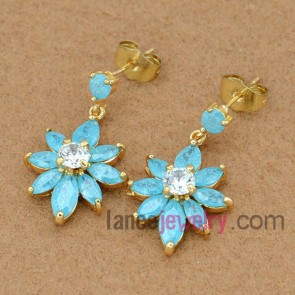 Delicate drop earrings with blue color flower pendant 