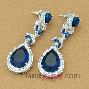 Delicate drop earrings with blue color zirconia pendant 