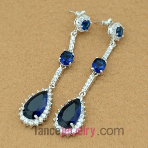 Trendy blue color zirconia pendnat decorated drop earrings