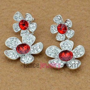 Lovely flower model drop earrings with red crystal and nice rhinestone decoration
