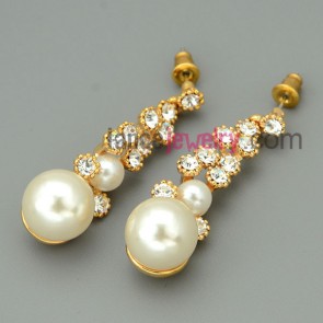 Elegant imitation pearl & rhinestone ornate drop earrings