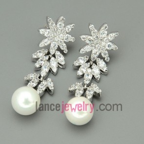 Glittering zirconia beads decorated pendant drop earrings