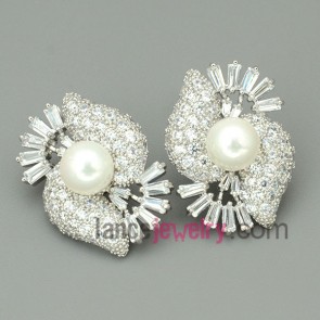 Unique zirconia and imitation pearls decorated drop earrings