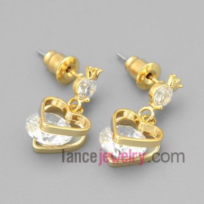 Golden crown drop earrings with heart diamond drops