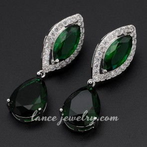 Popular brass alloy earrings with green cubic zirconia decoration