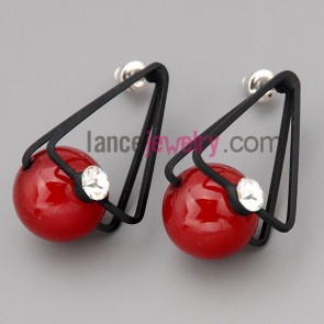 Lovely stud earrings with zinc alloy decorated shiny rhinestone and red bead