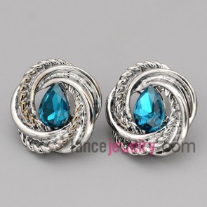 Gorgeous stud earrings with zinc alloy rings decorated deep blue crystal