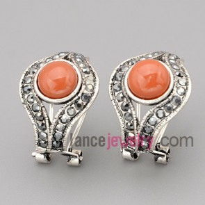 Simple stud earrings with zinc alloy  decorated rhinestone and orange cat eyes