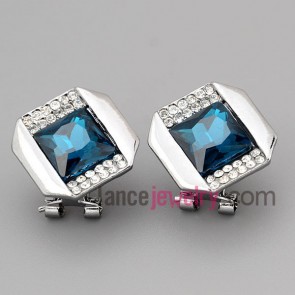 Cute stud earrings with zinc alloy decorated many rhinestone and deep blue crystal