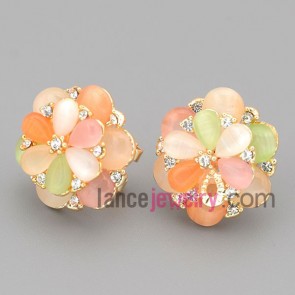Colorful stud earrings with zinc alloy decorated shiny rhinestone and multicolor cat eyes