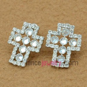 Holy cross & rhinestone decoration stud earrings