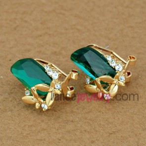 Attractive stud earrings with green crystal & rhinestone decoration