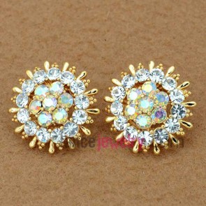 Shiny flower model stud earrings decorated with rhinestone