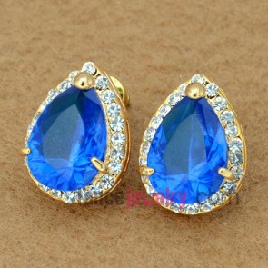 Classical droplets shape stud earrings with blue crystal decoration