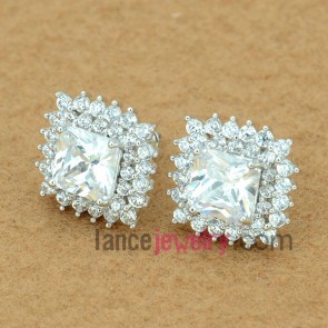 Elegant stud earrings with copper alloy  decorated transparent cubic zirconia 