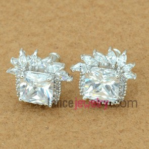 Gorgeous stud earrings with copper alloy decorated transparent cubic zirconia with quadrangle