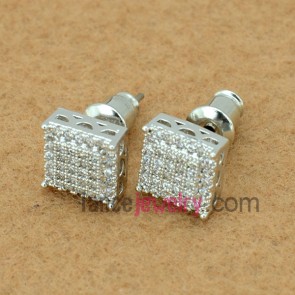 Striking stud earrings with copper alloy decorated transparent cubic zirconia with square shape